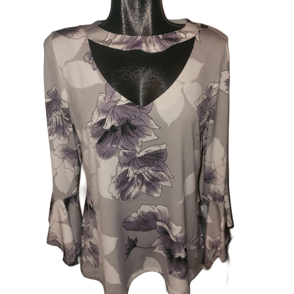 Artex Fashions Grey and White Floral Print Bell Sleeve Top Size L